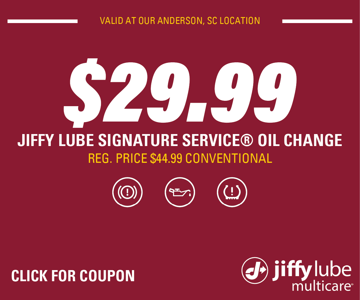 DISPLAY AD – $29.99 Conventional SSOC Anderson Website Image (Bronco Lube)