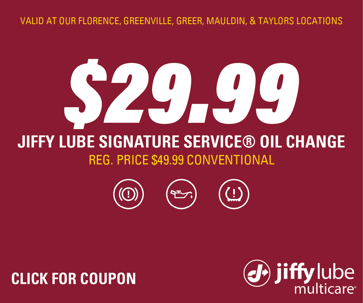 DISPLAY AD – $29.99 Conventional SSOC Florence, Greenville, Greer, Mauldin, Taylors Website Image (Bronco Lube)