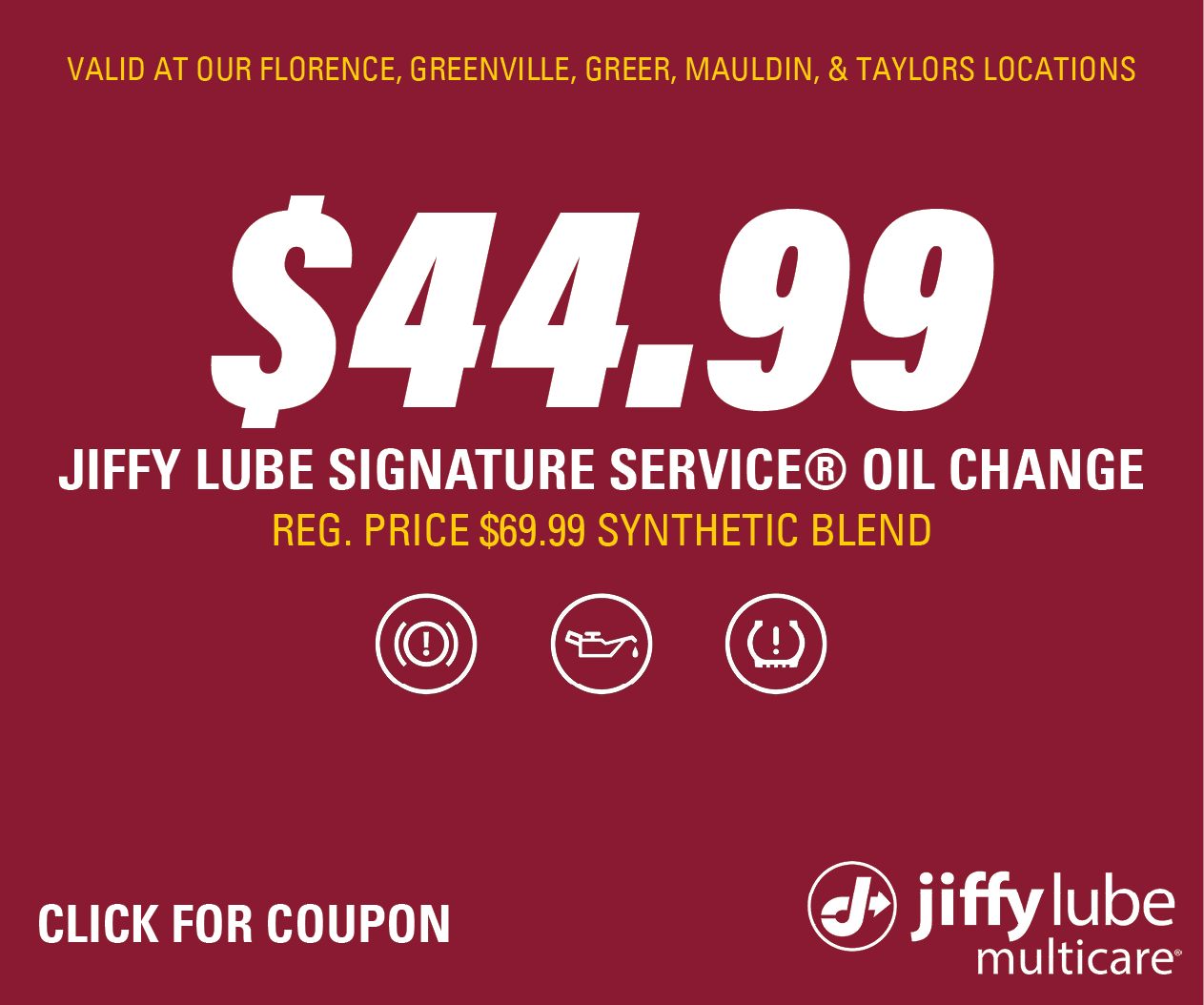 DISPLAY AD – $44.99 Synthetic Blend SSOC Florence, Greenville, Greer, Mauldin, Taylors Website Image (Bronco Lube)