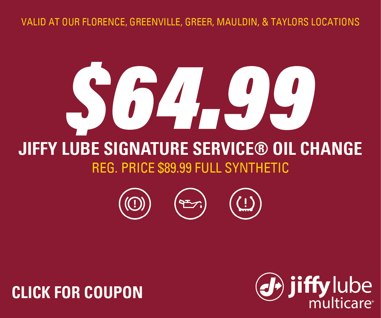DISPLAY AD – $64.99 Full Synthetic SSOC Florence, Greenville, Greer, Mauldin, Taylors Website Image (Bronco Lube)