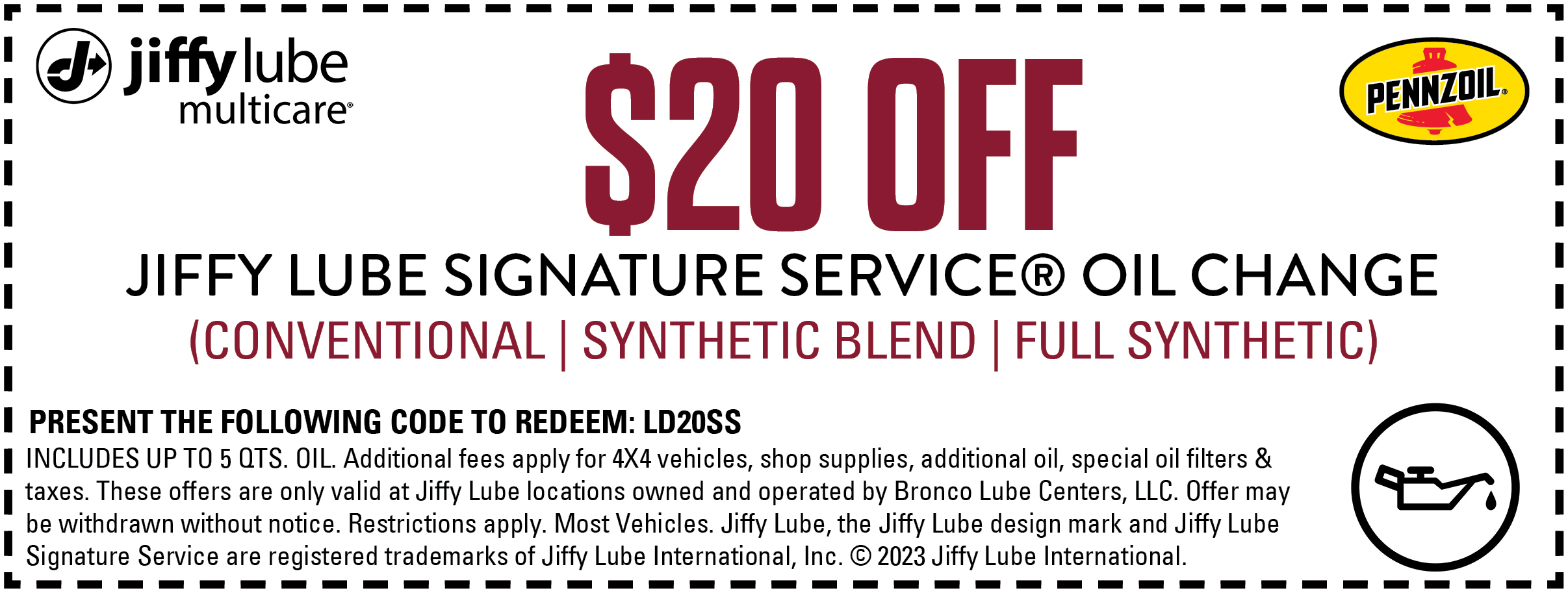 Bronco Lube – $20 OFF ANY SSOC (Labor Day Special) Email Coupon Image